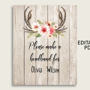 Boho Antlers Baby Shower Headband Sign, Beige Pink Headband Station Sign Editable, Girl Shower Headband For Baby, Instant Download, 9PUAC