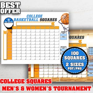 May include: A printable college basketball squares game board with a basketball and hoop graphic. The board is divided into 100 squares and includes spaces for scores, payouts, and final results. The text "100 Squares" and "2 Sizes PDF/PNG" is also included on the board.