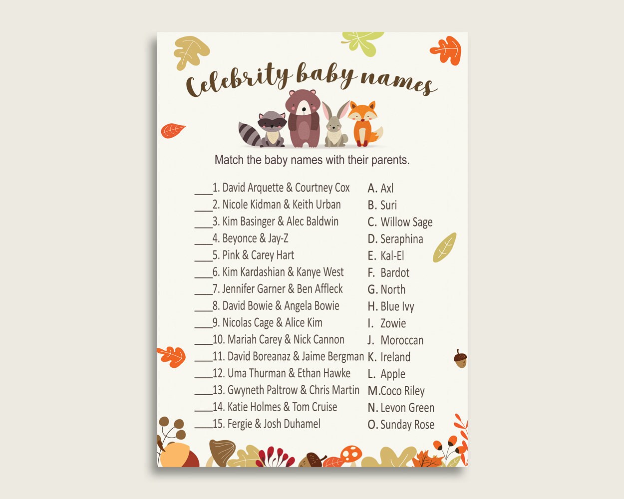 Bee Baby Shower Gender Neutral Name Game Printable Famous Babies Game bee01 Yellow White Celebrity Baby Names Celebrity Match Game