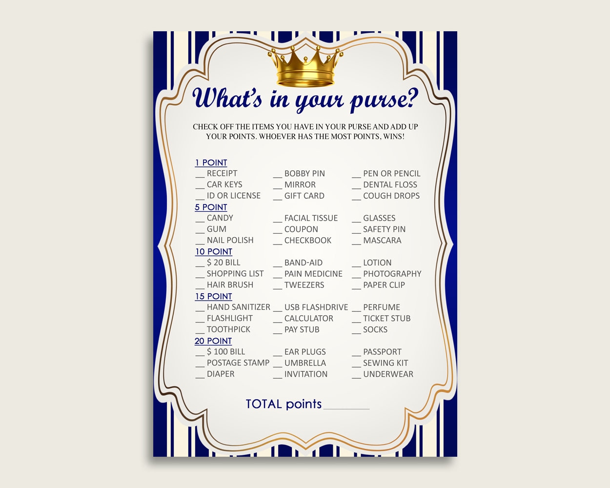 Gold WHAT'S IN YOUR PURSE game in Royal Prince theme, for Boy This ado...