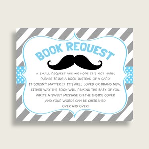 Schnurrbart Baby Shower Bring A Book Insert Printable, Junge Blau Grau Buch Anfrage, Schnurrbart Bücher für Baby, Buch statt Karte, 9P2QW