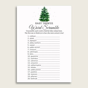 Gender Neutral Baby Shower Word Scramble Game Printable, Cute Winter Tree Green White Word Scramble, Funny Activity, Instant Download, cgr01