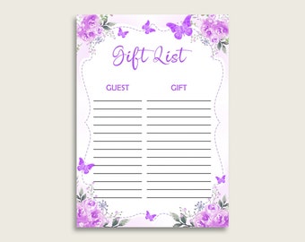 Butterfly Baby Shower Gift List, Purple White Gift List Printable, Girl Baby Shower Gift Checklist Sheet, Instant Download, 7AANK