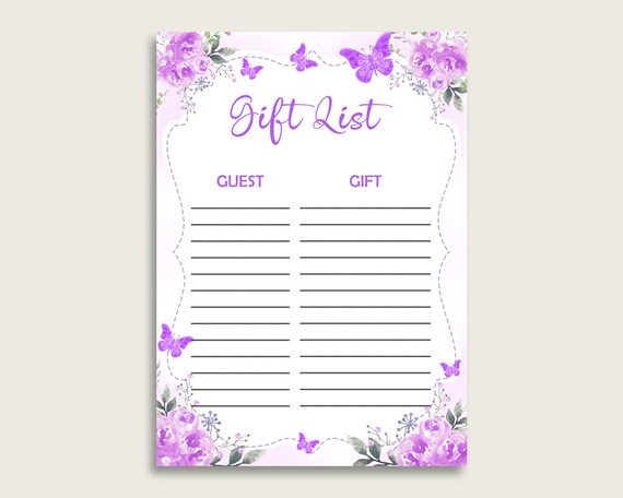Butterfly Baby Shower Gift List, Purple White Gift List Printable, Girl Baby Shower Gift Checklist Sheet, Instant Download, 7AANK Il_570xn
