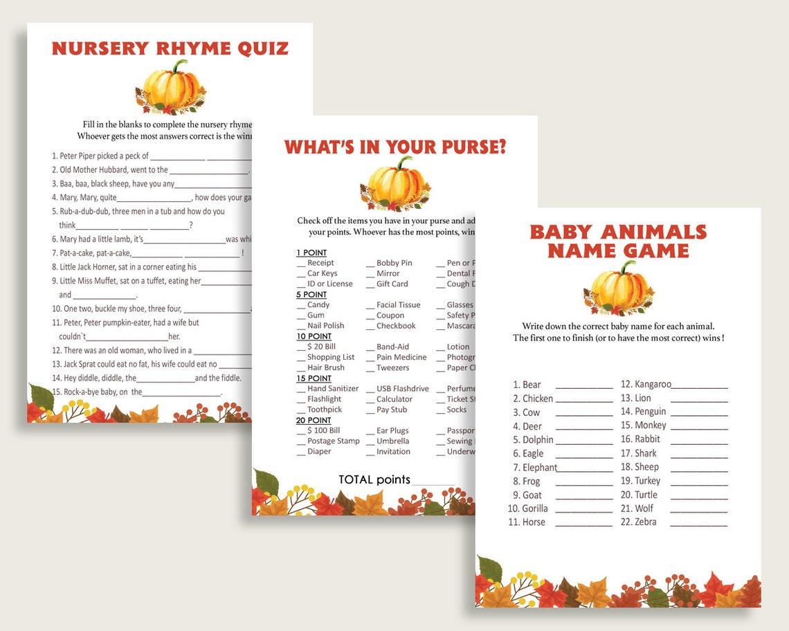 Fall Baby Shower Games Printable Pack Orange Brown Baby - Etsy