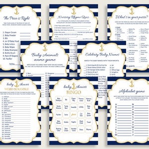 Anchor Baby Shower Games Printable Pack, Blue Gold Baby Shower Games Package Boy, Nautical Games Bundle Set, Instant Download, NTDD8