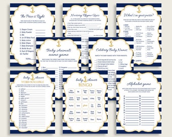 Anchor Baby Shower Games Printable Pack, Blue Gold Baby Shower Games Package Boy, Nautical Games Bundle Set, Instant Download, NTDD8