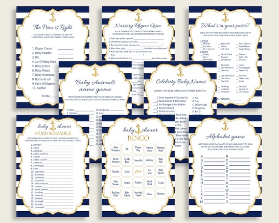 Anchor Baby Shower Games Printable Pack, Blue Gold Baby Shower Games Package Boy, Nautical Games Bundle Set, Instant Download, NTDD8 Il_570xn