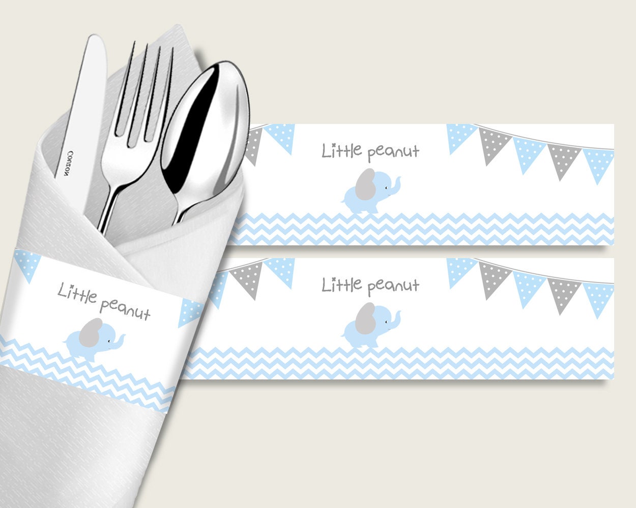 Elephant Baby Shower Napkin Rings Printable Blue Grey Napkin Wrappers Boy Shower Utensils Wrap Instant Download Chevron ebl02
