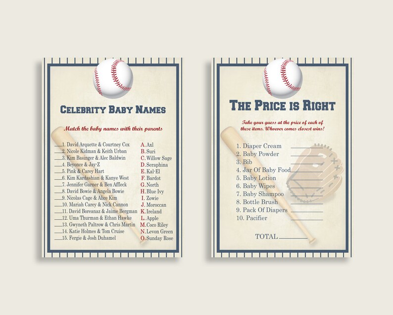 Baseball Baby Shower Games Printable Pack Blue Beige Baby Etsy