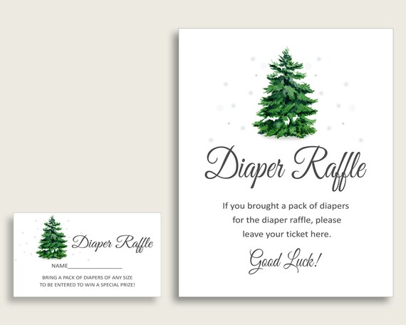 Winter Tree Baby Shower Diaper Raffle Tickets Game, Gender Neutral Green White Diaper Raffle Card Insert and Sign Printable, Instant cgr01 Il_570xn