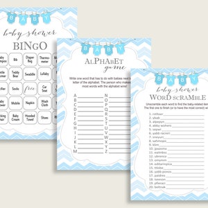 Chevron Baby Shower Games Printable Pack, Blue White Baby Shower Games ...