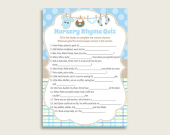 Clothes Nursery Rhyme Quiz Printable, Blue Beige Nursery Rhyme Game, Blue Beige Baby Shower Boy Activities, Instant Download, bc001