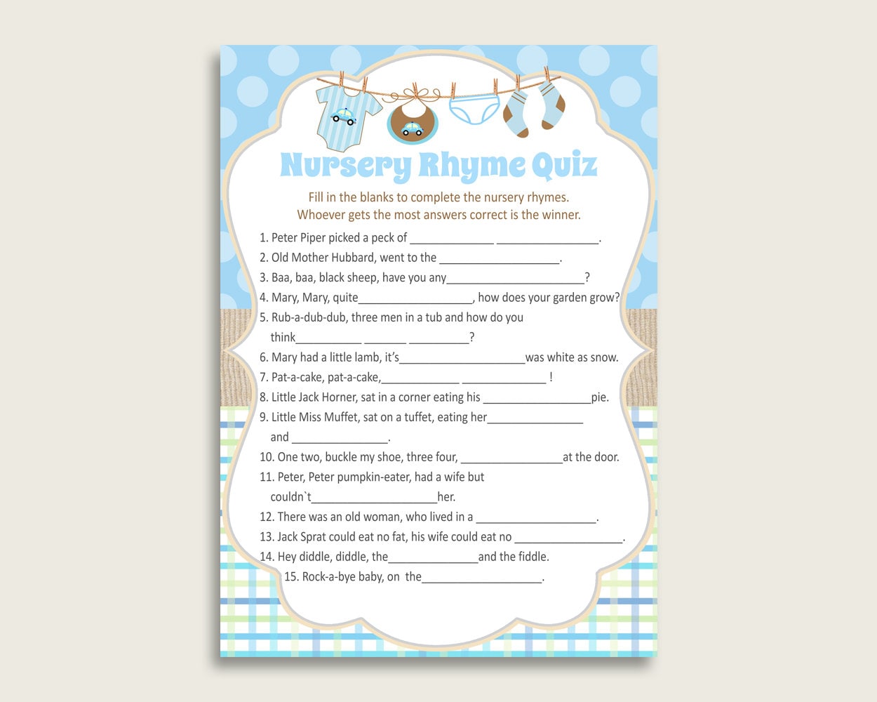 Clothes Nursery Rhyme Quiz Printable Blue Beige Nursery Rhyme Etsy