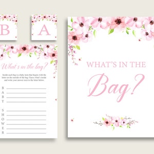 Blumen Blush Baby Shower Was ist in der Tasche Spiel, Rosa Grün Mädchen Taschen Spiel druckbar, Sofort Download, Blush Aquarell Die beliebtesten VH1KL