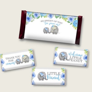 Elephant Blue Hershey Candy Bar Wrapper Printable, Blue Gray Chocolate Bar Wrappers, Boy Shower Candy Labels, Instant Download, ebl01