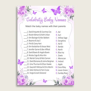 Purple White Celebrity Baby Names, Butterfly Baby Shower Girl Name Game Printable, Celebrity Match Game, Famous Babies Game, Celebrity 7AANK