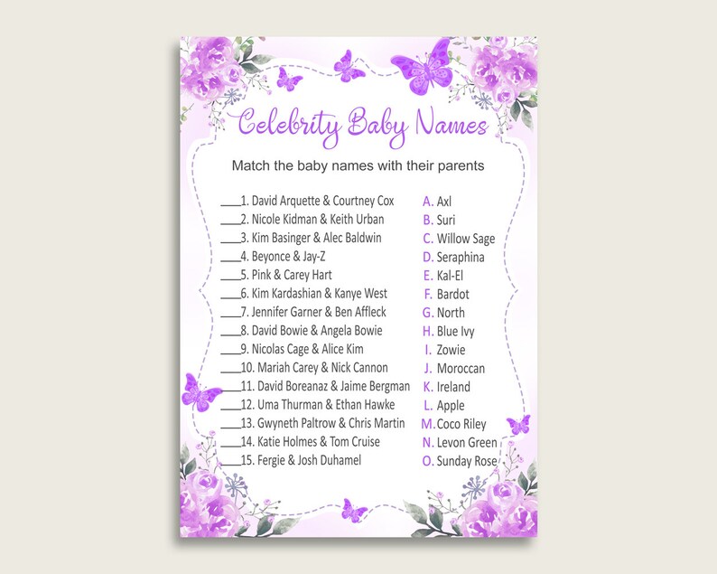 Purple White Celebrity Baby Names Butterfly Baby Shower Girl Etsy