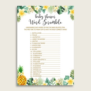 Gender Neutral Baby Shower Word Scramble Game Printable, Cute Tropical Green Yellow Word Scramble, Funny Activity, Instant Download, 4N0VK