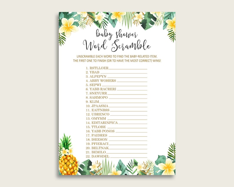 Gender Neutral Baby Shower Word Scramble Game Printable, Cute Tropical Green Yellow Word Scramble, Funny Activity, Instant Download, 4N0VK image 1