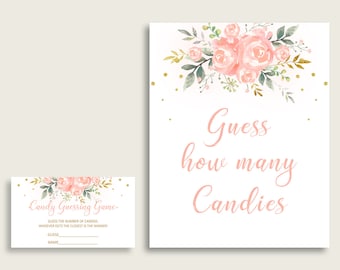 Pink Gold Candy Guessing Game, Peach Floral Baby Shower Girl Sign And Cards, Guess How Many Candies, Candy Jar Game, Jelly Beans 1W00B