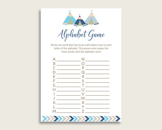 Blue Beige Alphabet Baby Shower Boy Game Tribal Teepee A Z Guessing Blue Beige Alphabet Baby Shower Boy Game Tribal Teepee A Z Guessing
