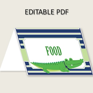 Alligator Folded Food Tent Cards Printable, Blue Green Editable Pdf Buffet Labels, Boy Baby Shower Food Place Cards, Instant Download, ap002 image 1