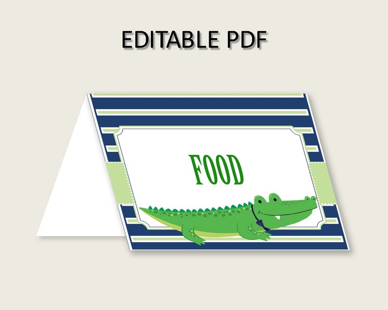 Alligator Folded Food Tent Cards Printable, Blue Green Editable Pdf Buffet Labels, Boy Baby Shower Food Place Cards, Instant Download, ap002 image 1