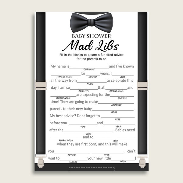 Black Beige Mad Libs Baby Shower Boy Game Printable, Little Man Mad Libs Fun Activity, DIY digital file, Lil Man Gents Cute Bowtie lm001