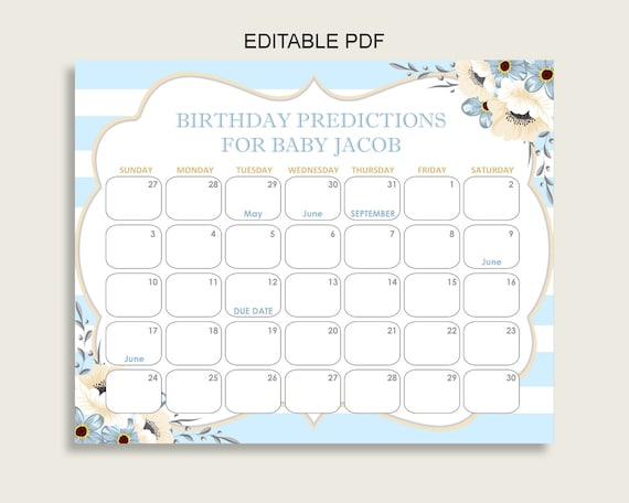 Blue White Guess Baby Due Date Calendar Game Printable Stripes Baby 