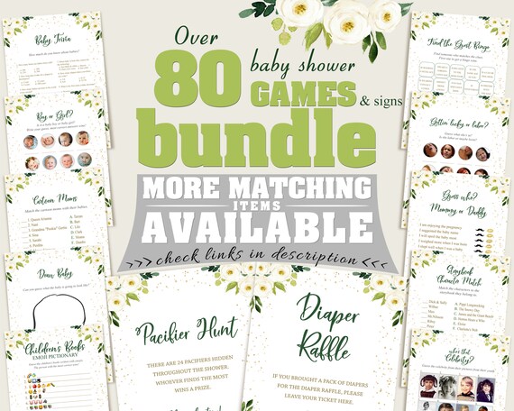 White Floral Baby Shower Games, Girl Baby Shower Games Printable, Watercolor Baby Shower Games Bundle, Green Gold Instant Download, flp02 Il_570xn