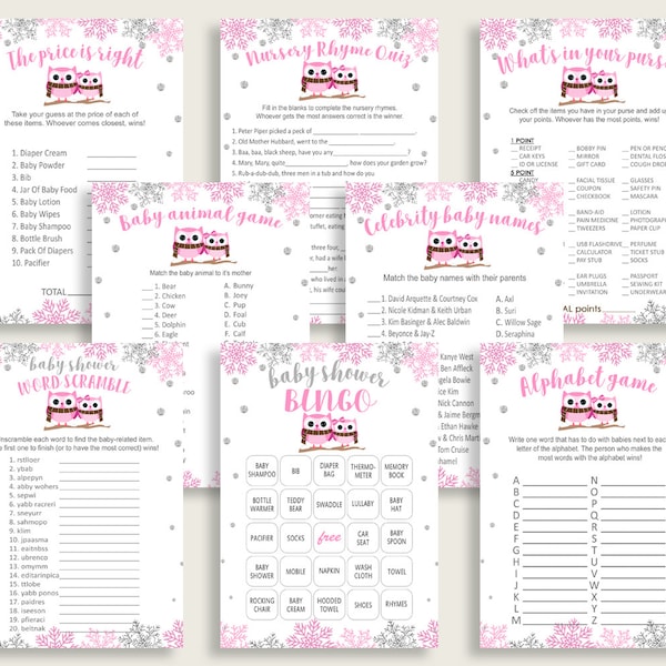 Winter Owl Baby Shower Games Printable Pack, Pink Gray Baby Shower Games Package Girl, Winter Owl Games Bundle Set, Instant Download, owt01