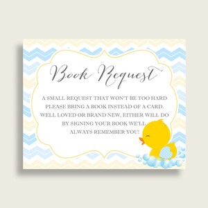 Shower de bébé canard en caoutchouc apporter un insert de livre imprimable, demande de livre bleu jaune garçon, livres de canard en caoutchouc pour bébé, livre au lieu de carte, rd002