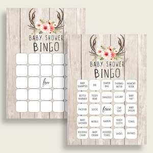 Boho Antlers Baby Shower Bingo Kaarten Afdrukbaar, Beige Roze Baby Douche Meisje, 60 Voorgevulde Bingo Game Cards, Boho Bloemen 9PUAC