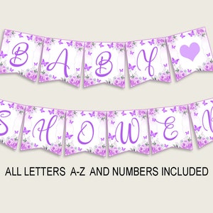 Puede incluir: Bandera de baby shower morada y blanca con mariposas y flores. La pancarta dice "BABY SHOWER".