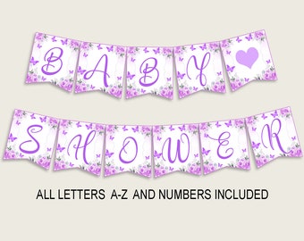 Butterfly Baby Shower Banner All Letters, Birthday Party Banner Printable A-Z, Purple White Banner Decoration Letters Girl, 7AANK