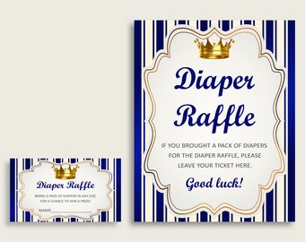 Royal Prince Baby Shower Diaper Tombola Tickets Game, Boy Blue Gold Diaper Raffle Card Insert and Sign Printable, Instant Download rp001