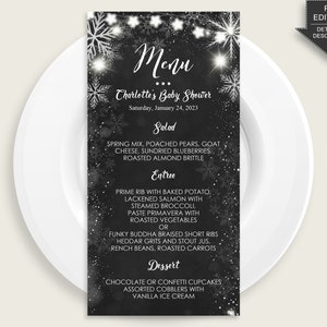 Chalkboard Winter Baby Shower Menu Cards Template, Editable Menu Program, Black White Baby Shower Gender Neutral, Digital Printable or X9XXW