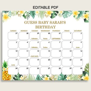 Green Yellow Guess Baby Due Date Calendar Game Printable, Tropical Baby Shower Gender Neutral Birthday Prediction Calendar Editable 4N0VK