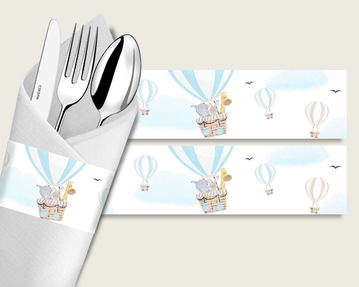 Hot Air Balloon Baby Shower Napkin Rings Printable Blue White Napkin Wrappers Boy Shower Utensils Wrap Instant Download CSXIS