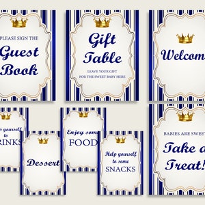Royal Prince Baby Shower Boy Tischschilder druckbar, Blau Gold Party Tisch Dekor, Gastgeschenke, Essen, Trinken, Leckerli, Gästebuch, Instant rp001