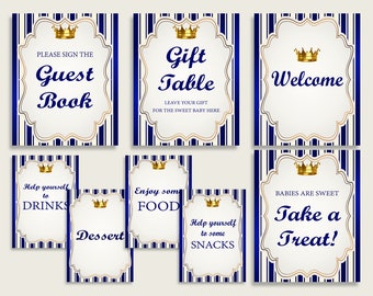 Royal Prince Baby Shower Boy Table Signs Imprimible, Blue Gold Party Table Decor, Favors, Comida, Bebida, Golosina, Libro de visitas, Instant rp001