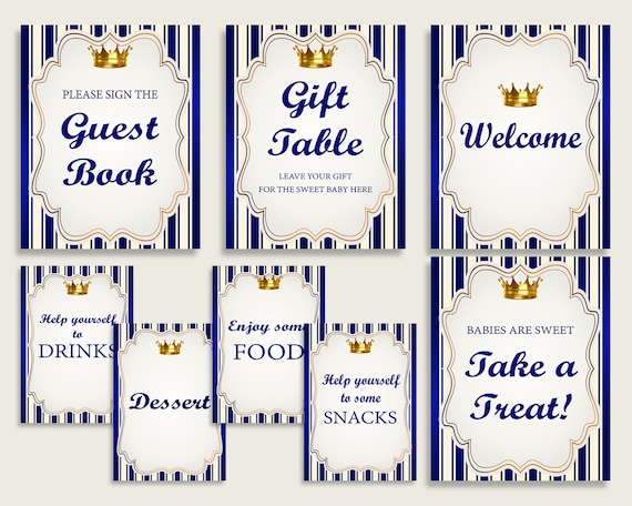 Royal Prince Baby Shower Boy Table Signs Printable, Blue Gold Party Table Decor, Favors, Food, Drink, Treat, Guest Book, Instant rp001 Il_570xn
