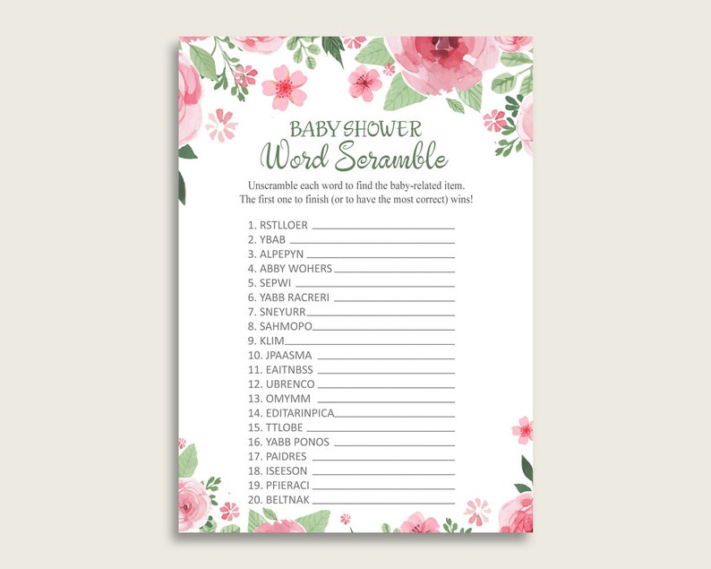 Girl Baby Shower Word Scramble Game Printable, Cute Watercolor Flowers Pink Green Word Scramble, Funny Activity, Instant Download, flp01 image 1
