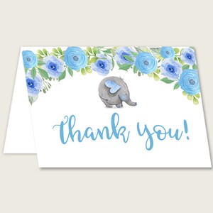 Biglietti di ringraziamento blu grigi stampabili, biglietti di ringraziamento per baby shower blu elefante, biglietti di ringraziamento per doccia per ragazzo piegati, download istantaneo, fiori ebl01