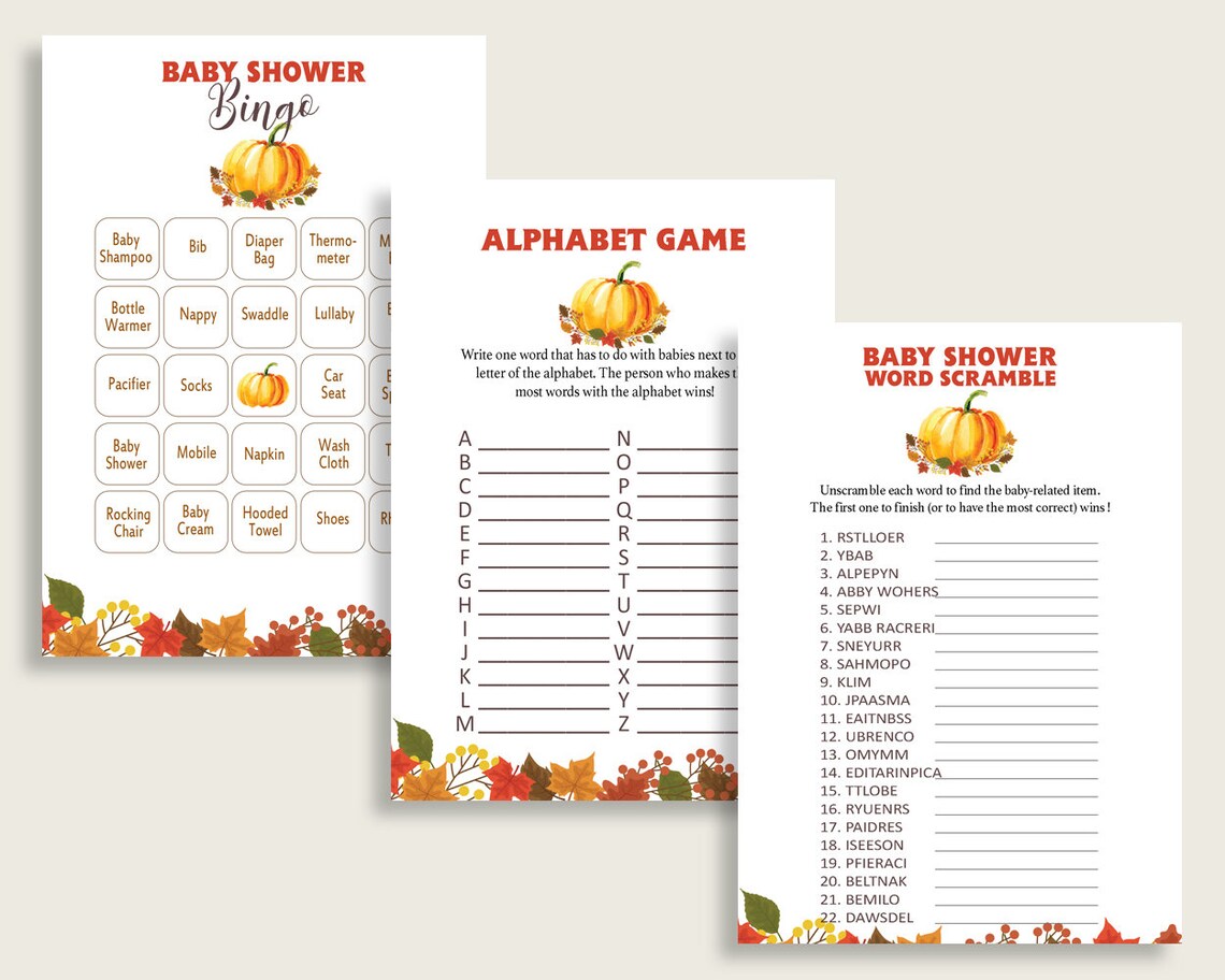 Fall Baby Shower Games Printable Pack Orange Brown Baby - Etsy