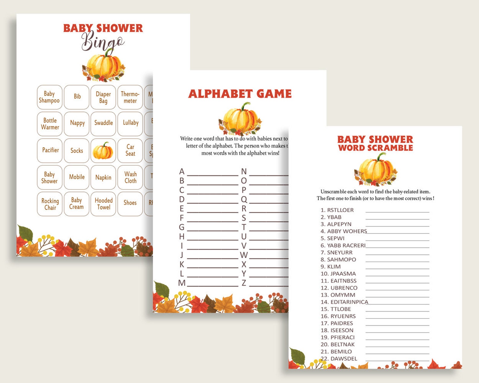 Fall Baby Shower Games Printable Pack Orange Brown Baby - Etsy