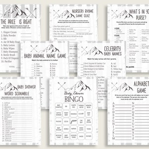 Adventure Mountain Baby Shower Games Printable Pack, Gray White Baby Shower Games Package Boy, Adventure Mountain Games Bundle Set S67CJ