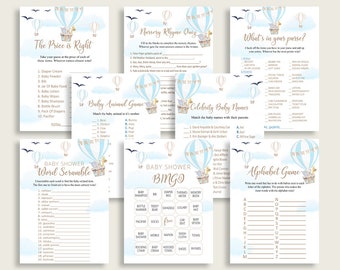 Hot Air Balloon Baby Shower Games Printable Pack, Blue White Baby Shower Games Package Boy, Hot Air Balloon Games Bundle Set, Instant CSXIS