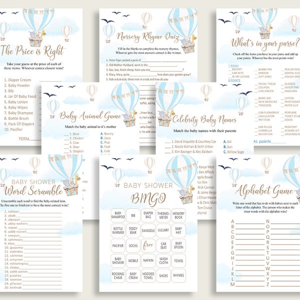 Hot Air Balloon Baby Shower Games Printable Pack, Blue White Baby Shower Games Package Boy, Hot Air Balloon Games Bundle Set, Instant CSXIS